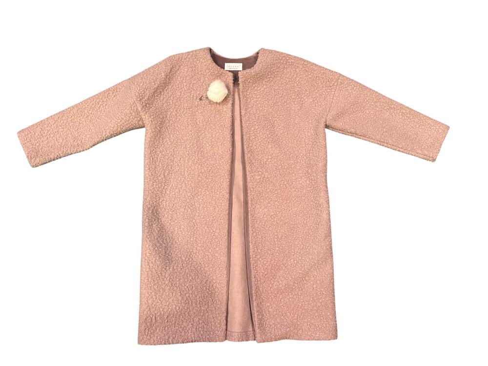 DIARY Boucle Coat Pink Mauve Long Open Front Velvet Trim Korea Loose Fit Size L